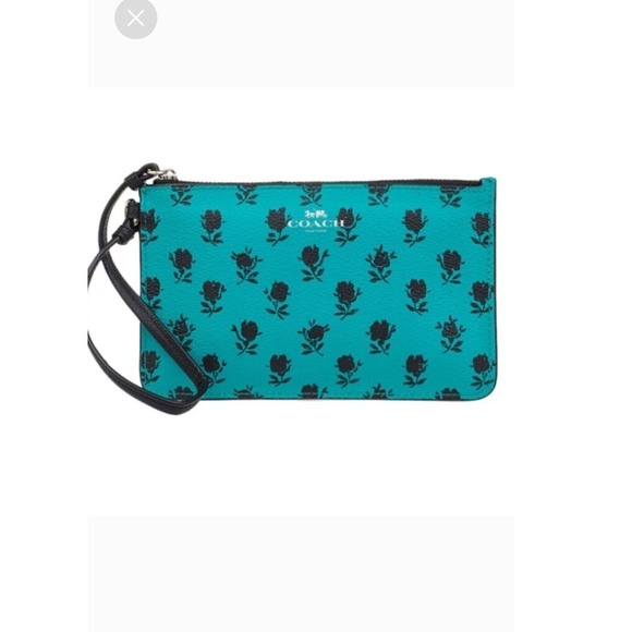 Wristlet Coach Turquoise & Black Floral Clutch Wristlet‎ Makeup Bag F56024 NWT - Picture 8 of 8